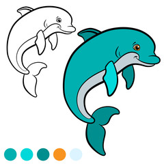 Naklejka premium Coloring page. Color me: dolphin. Little cute dolphin jumps and smiles.