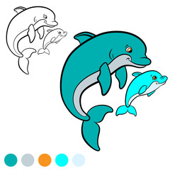 Coloring page. Color me: dolphin. Mother dolphin swims with her little cute baby dolphin.