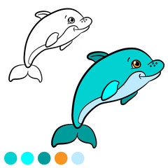 Coloring page. Color me: dolphin. Little cute baby dolphin swims and smiles.