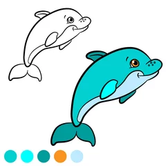 Fotobehang Coloring page. Color me: dolphin. Little cute baby dolphin swims and smiles. © ya_mayka