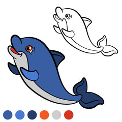 Coloring page. Color me: dolphin. Little cute baby dolphin swims and smiles.