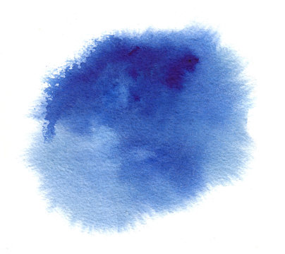 Blue watercolor stain with splash, watercolour paint strokes, blots and wet edges