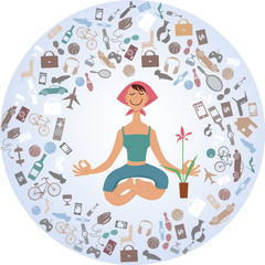 Cartoon woman sitting in yoga pose, surrounded by a cloud of stuff, EPS 8 vector illustration, no transparencies