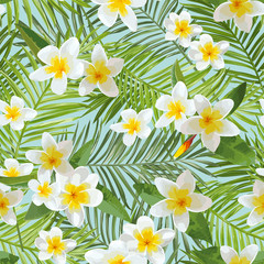 Seamless Pattern. Tropical Palm Leaves Background. Tropical Flowers