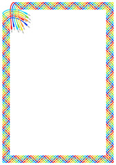 White page framed with plait border of colorful interlaced cables and connectors at the upper left corner. Vector pattern ornament around copy space.