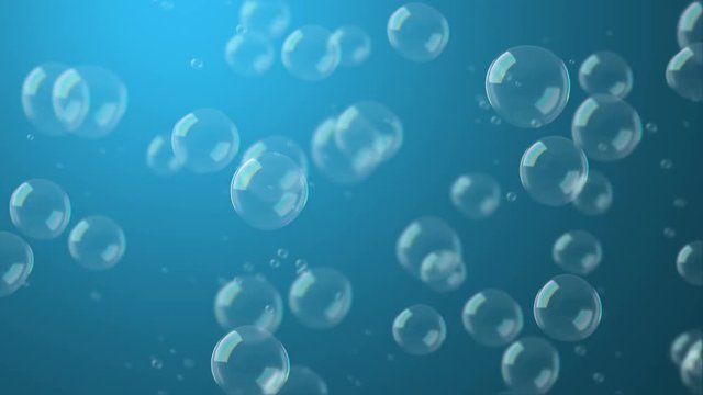 Computer generated video animation of seamless loop bubbles floating on blue