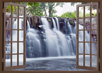 Open window view to famous ◾Rochester falls Mauritius island © leksele