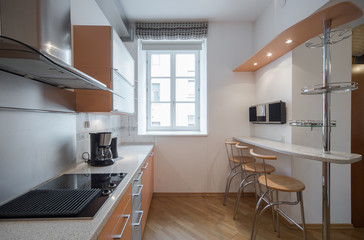 Kitchen in the interior of the studio apartments.