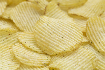 Potato chips background close up