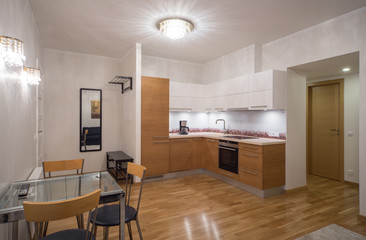 Kitchen in the interior of the studio apartments.