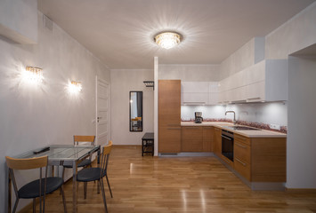 Kitchen in the interior of the studio apartments.
