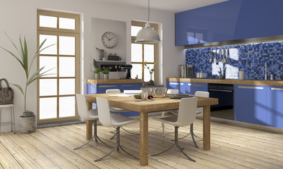 Küche Küchenwinkel blau modern Küchenplanung Holz Edelstahl