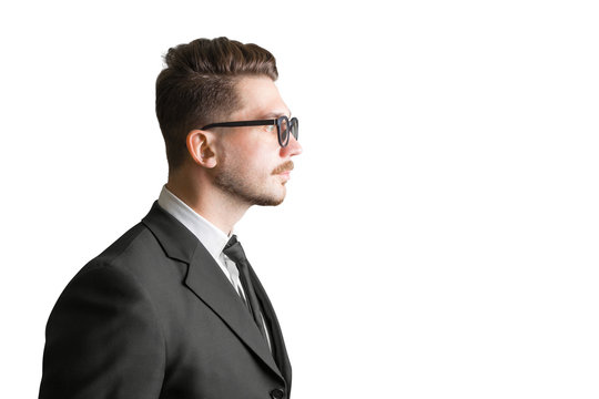 Isolated businessman in glasses side