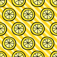 Seamless pattern with lemon on stripped background.