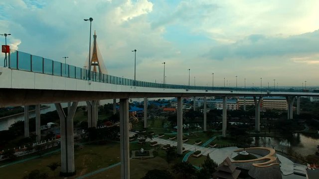 aerial view of bhumiphol bridge important transportation and landmark in bangkok thailand