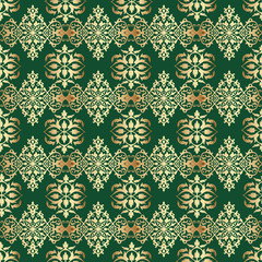 Persian seamless pattern from gold vintage ornament Buta on the green background.Can be scaled to any size.
