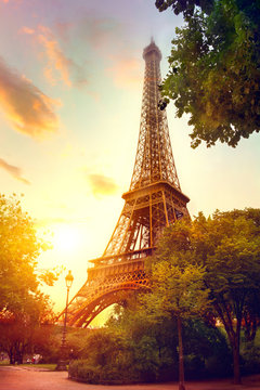 Eiffel Tower at sunrise, Paris, France. Beautiful romantic background