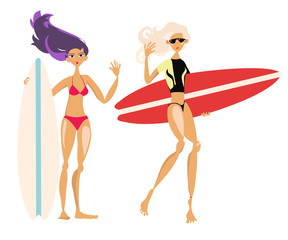 Cute cartoon surf girls hand drawn vector abstract illustration summer vacation on the sea.