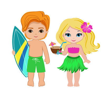 Illustration of cute boy with surfboard and Hawaiian girl with cocktail.