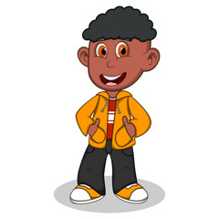 Little boy wearing a yellow jacket and black trousers style cartoon