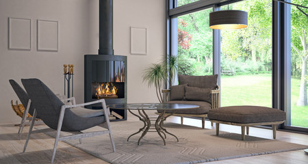 Modern interior design of living room (3d Render)