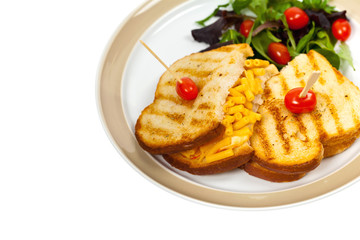 Macaroni and Cheese Sandwich on White Background. Selective focus.