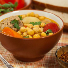 Chickpea Soup with Meatballs. Selective focus.