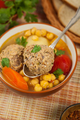 Chickpea Soup with Meatballs. Selective focus.