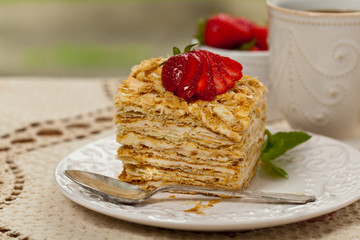 Puff Pastry flaky pastry layers Cake. Selective focus.