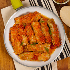 Stuffed Cabbage with tomato sauce. Selective focus.