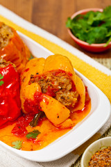 Baked Stuffed Red Bell Pepper with Meat and Rice. Selective focus.