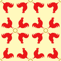 Chinese zodiac year of the rooster design. Red and gold seamless pattern background with roosters.