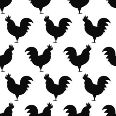 Seamless pattern background with roosters. Symbol of 2017 year. Black and white rooster texture. Rooster silhouette icon.