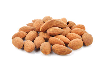 Pile of almond nuts isolated on white background