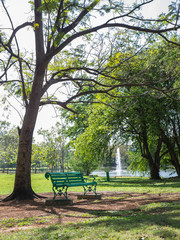 Empty wooden chair in public park