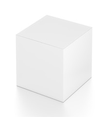 White cube blank box from top far side angle. 3D illustration isolated on white background.