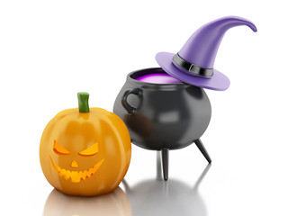 3d Halloween pumpkin with hat and witch pot.