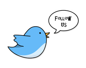 Blue Bird with Follow Us Text, a hand drawn vector cartoon illustration of a cute blue bird with narration bubble that reads 