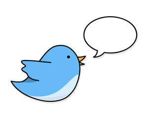 Social Media Bird, a hand drawn vector cartoon illustration of a blue social media bird with a blank narration bubble.