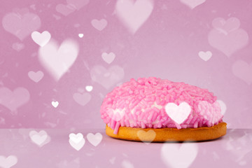 Delicious party cakes with heart shape symbols on colorful backg