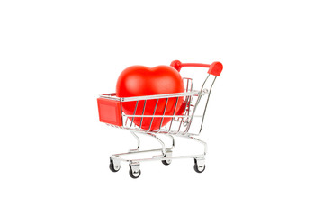 Heart in shopping cart on white background