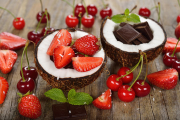 Coconut, strawberry, cherry and chocolate