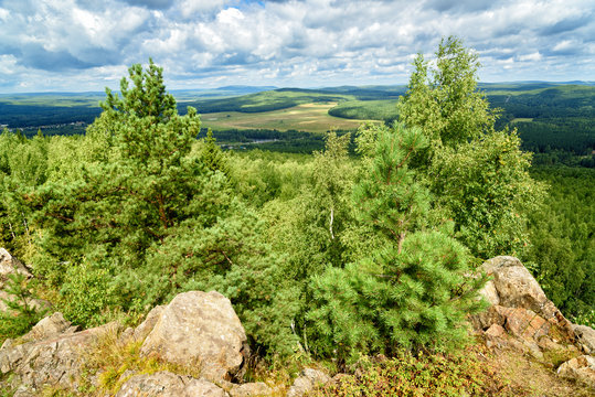 View of forest, mountains, fields from Lipovaya Mount