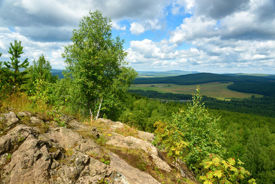 View of forest, mountains, fields from Lipovaya Mount