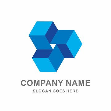3D Blue Cube Hexagon Arrow Vector Logo Template 