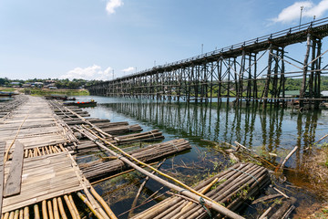 Mon Bridge  and bamboo raft of Sangkhlaburi, Thailand