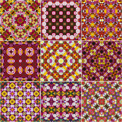 Nine floral backgrounds with kaleidoscope effect. Collage.