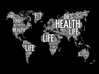 Health and Life World Map in Typography, sport, health, fitness word cloud concept