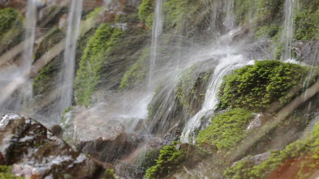 Fresh water stream with waterfall in mountain forest, close up