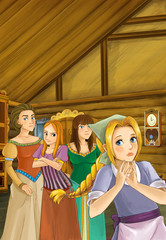 Obraz na płótnie Canvas Cartoon scene - mother and three sisters - talking in the room of an old traditional house - illustration for children